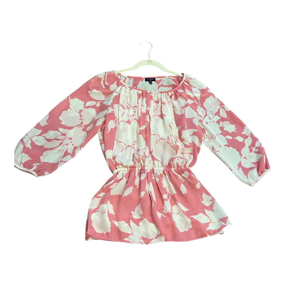 Talbots Petites Floral Print Blouse Pink‎ White 3/4 Sleeve Elastic Waist